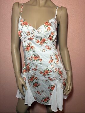 Forever 21 Floral Satin Dress Cream Orange Roses Lace Trim Size M NWT